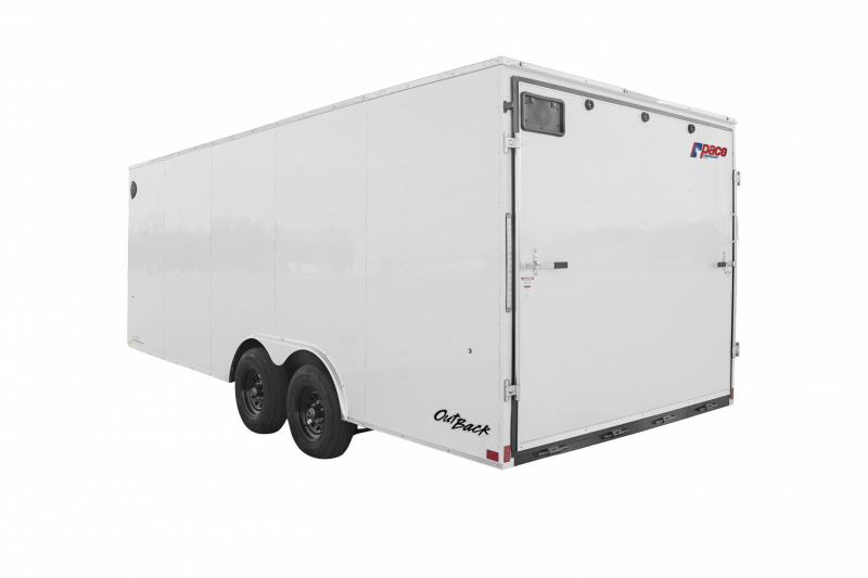 Pace American Trailers | Trailer Models | Outback DLX Car Hauler Trailer | Gallery Image | Good Model image of back left of a white trailer with a rear fold down door | Image 4