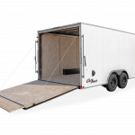 Pace American Trailers | Trailer Models | Outback DLX Car Hauler Trailer | Gallery Image | Good Model image of back right of trailer with rear fold down door folded down and a ramp door door extended out | Image 5