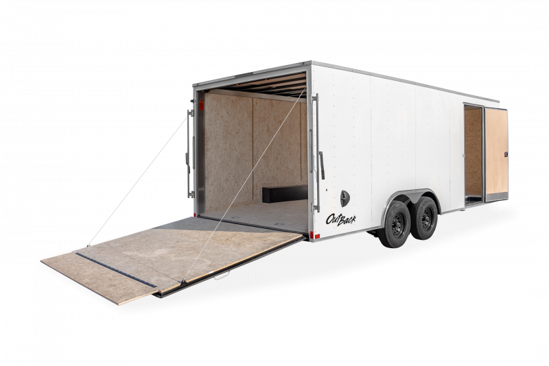 Pace American Trailers | Trailer Models | Outback DLX Car Hauler Trailer | Gallery Image | Good Model image of back right of trailer with rear fold down door folded down and a ramp door door extended out | Image 5