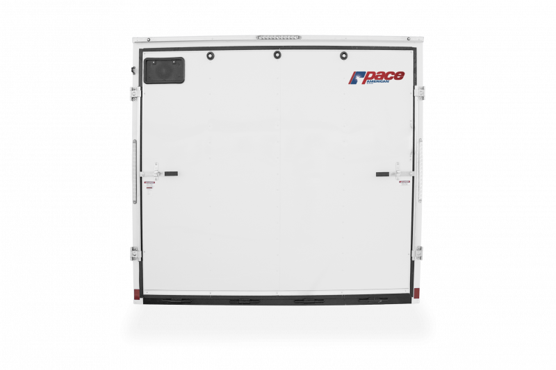 Pace American Trailers | Trailer Models | Outback DLX Car Hauler Trailer | Gallery Image | Good Model image of rearview of the trailer showing a closed up rear fold down door | Image 6