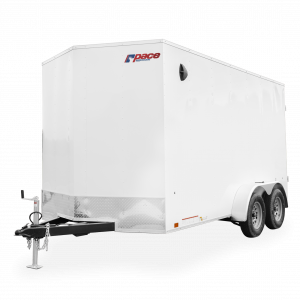 Pace American | Trailers | Trailer Models | Outback DLX | Image of white enclosed cargo trailer with dual axles showing left front of trailer with clear background | Image 2
