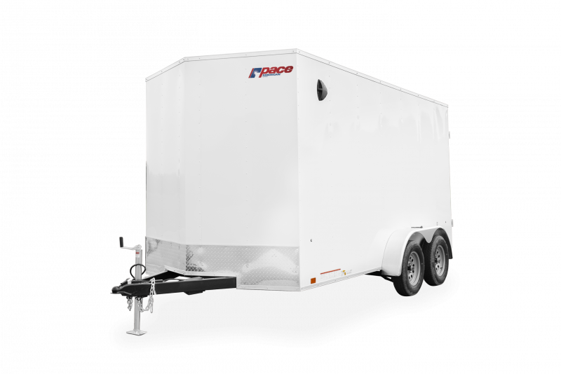 Pace American | Trailers | Trailer Models | Outback DLX | Image of white enclosed cargo trailer with dual axles showing left front of trailer with clear background | Image 2