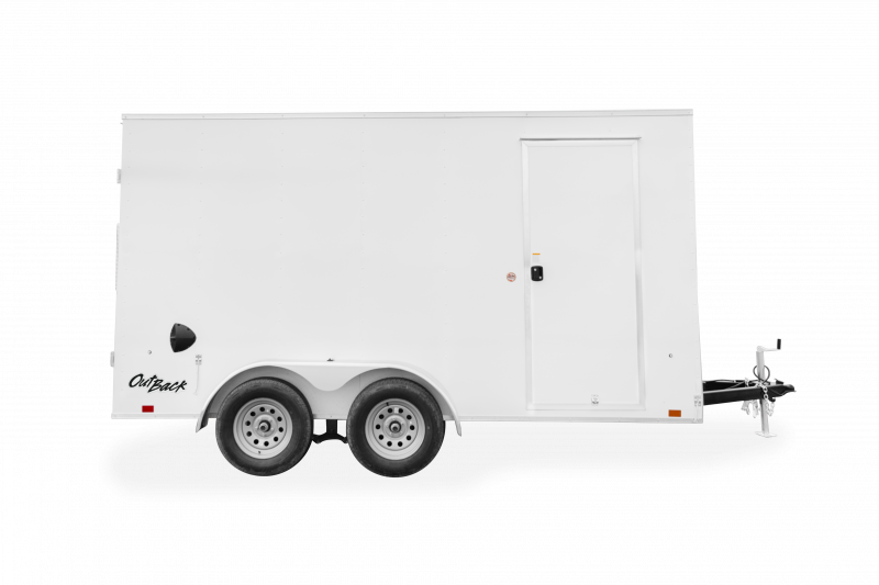 Pace American | Trailers | Trailer Models | Outback DLX | Image of white enclosed cargo trailer with dual axles showing right side of trailer with clear background | Image 3
