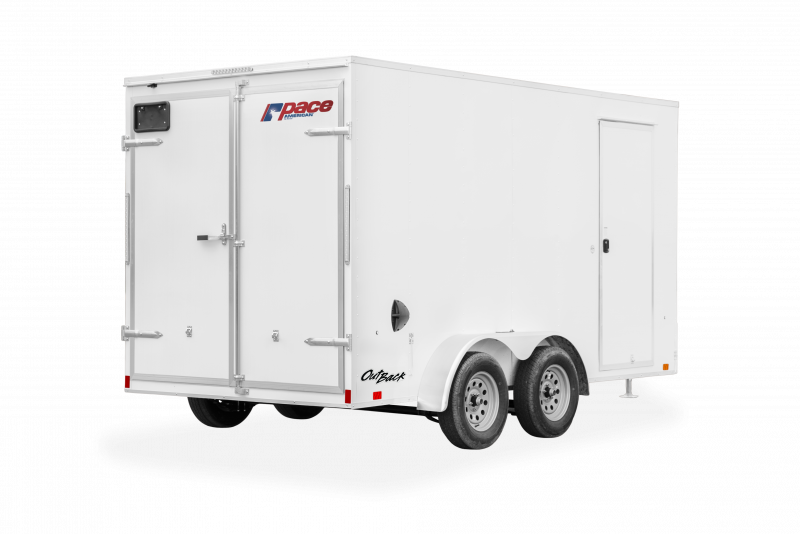Pace American | Trailers | Trailer Models | Outback DLX | Image of white enclosed cargo trailer with dual axles showing back right of trailer with rear double doors and a clear background | Image 9