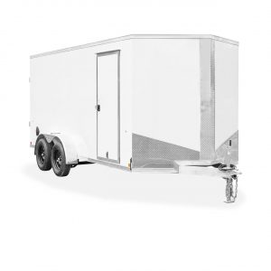 Pace American Trailers | Trailers | Cargo Trailers | Cargosport Aluminum V-Nose Cargo Trailer | Picture of the front of a white tandem axle cargo trailer
