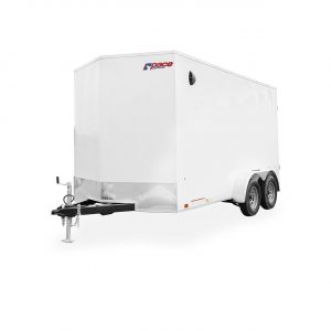Pace American Trailers | Trailers | Cargo Trailers | Outback V-Nose Cargo Trailer | Picture of the front of a white tandem axle cargo trailer