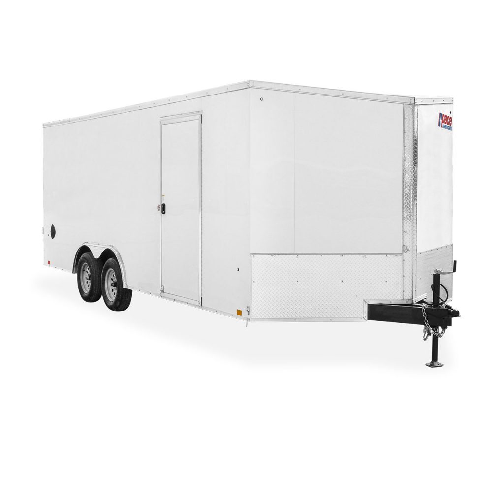 Pace American Trailers | Trailers | Car Hauler Trailers | Journey SE V-Nose Car Hauler & Journey SE Round Nose Car Hauler | Picture of the front of a white car hauler cargo trailer